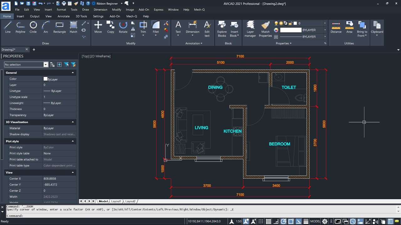 AviCAD 2021 7x6M Apartment Floor Plan Tutorial For Beginner [COMPLETE ...