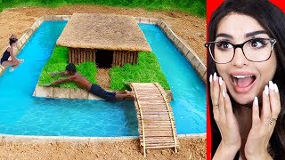 Kids Build Primitive House with Swimming Pool