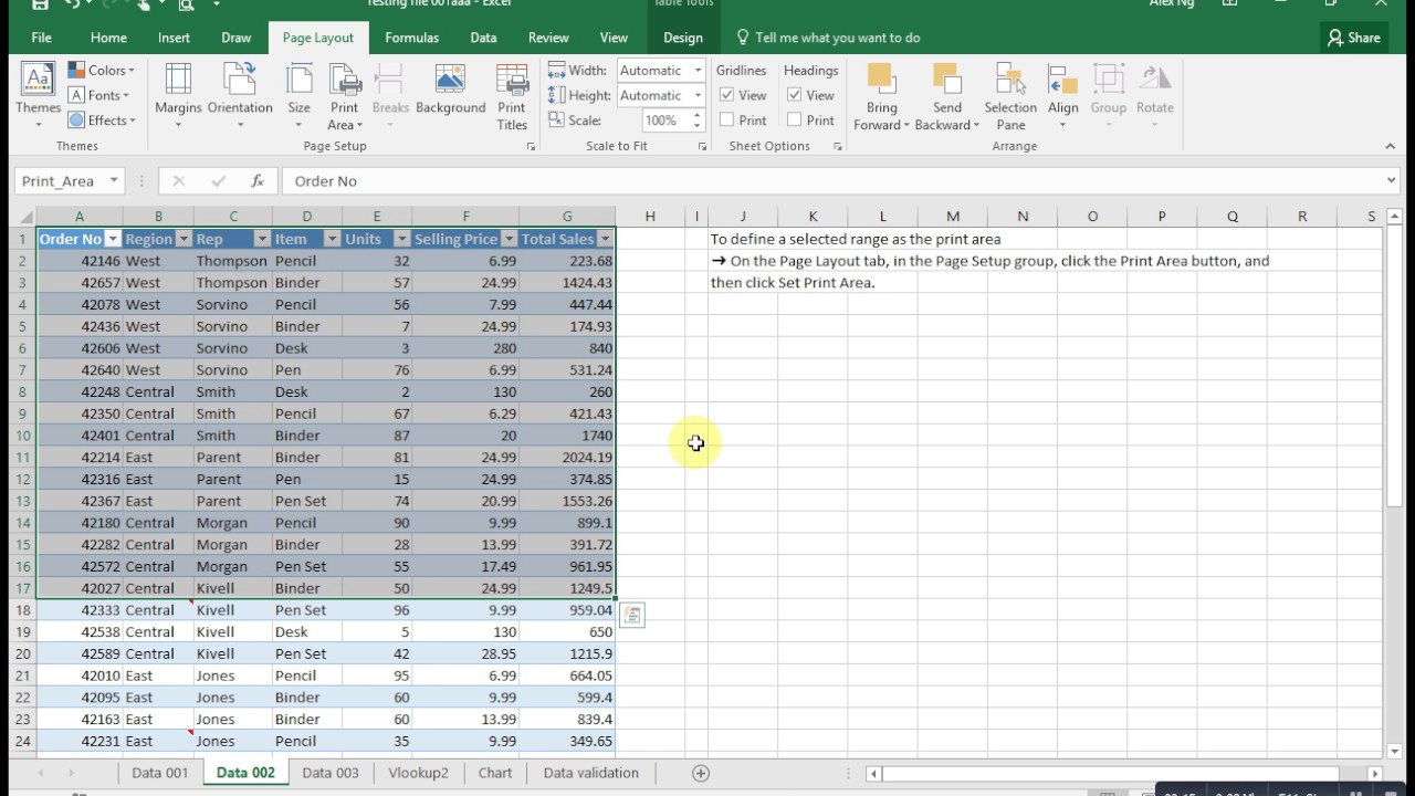 007 Print selected area using define print area function - YouTube