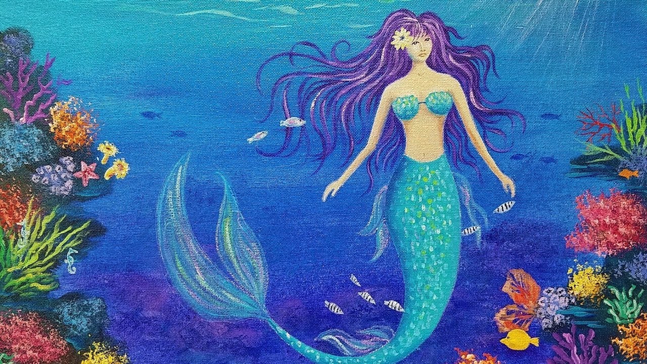 MERMAID Acrylic Painting Tutorial (Coral Reef Part 2) LIVE Angelooney ...