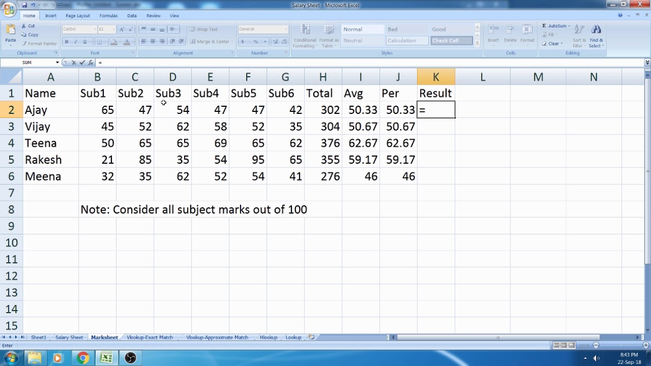 Marksheet, Result in Excel (Hindi+English Mix) Excel Tutorial and Excel ...