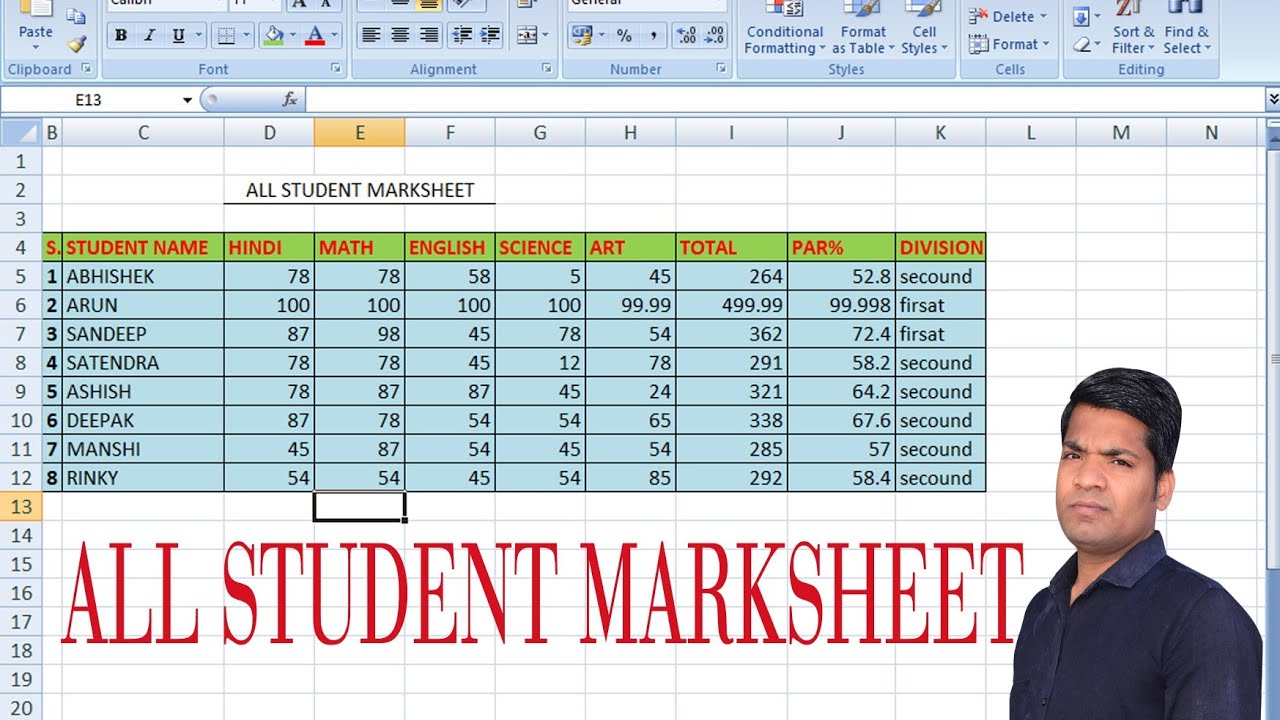 MS EXCEL ALL STUDENT MARKSHEET - YouTube