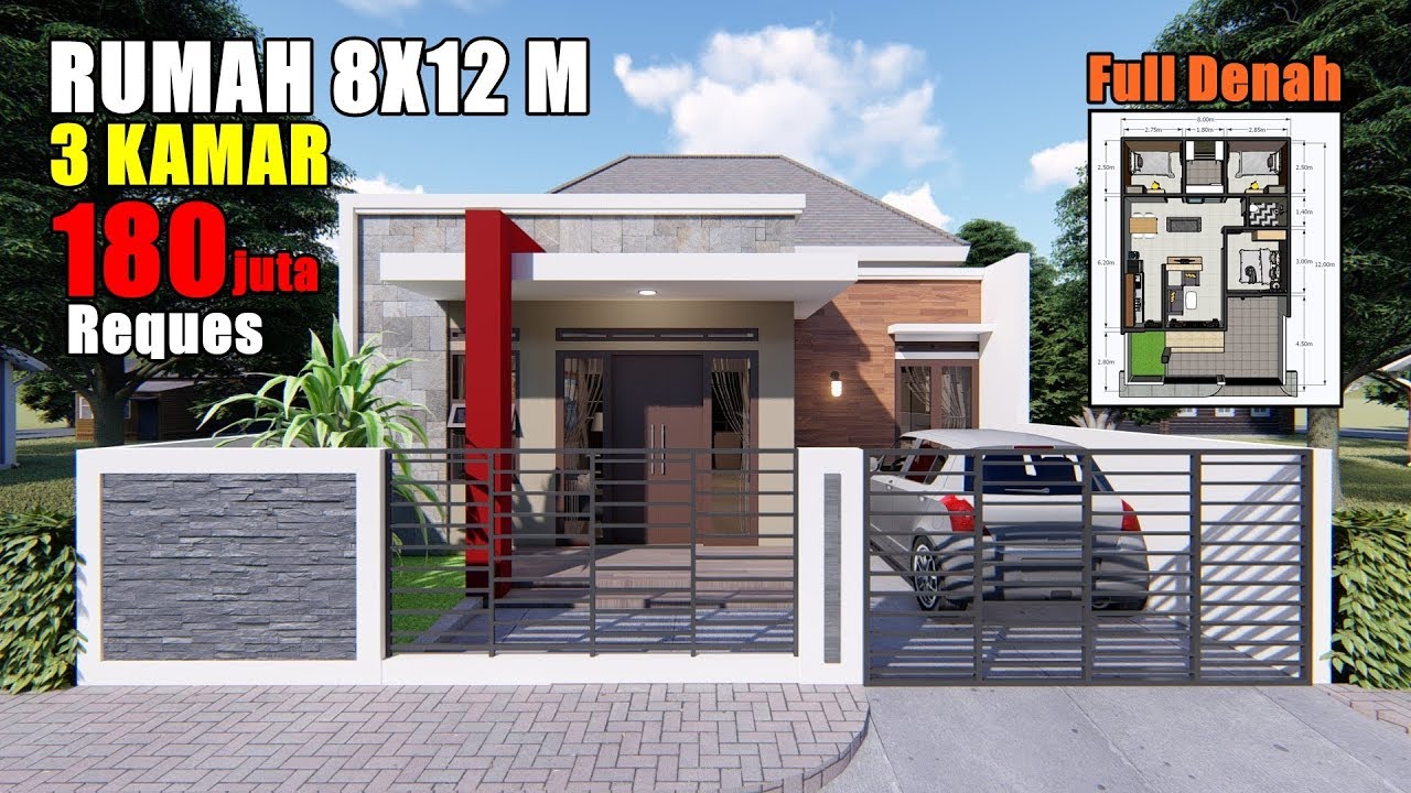 DESAIN RUMAH 8X12 M DENGAN 3 KAMAR TIDUR - YouTube - Denah Rumah Ukuran 8x12 3 Kamar Tidur