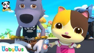 baby kitten catches big bad wolf super panda rescue team monster cars kids song babybus