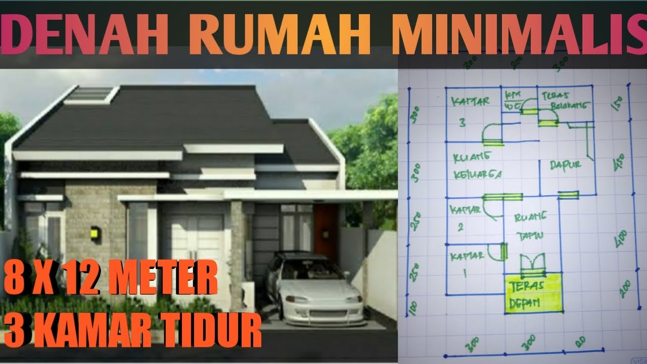 DENAH RUMAH MINIMALIS UKURAN 8 X 12 METER 3 KAMAR TIDUR TERBARU - YouTube - Denah Rumah Ukuran 8x12 3 Kamar Tidur