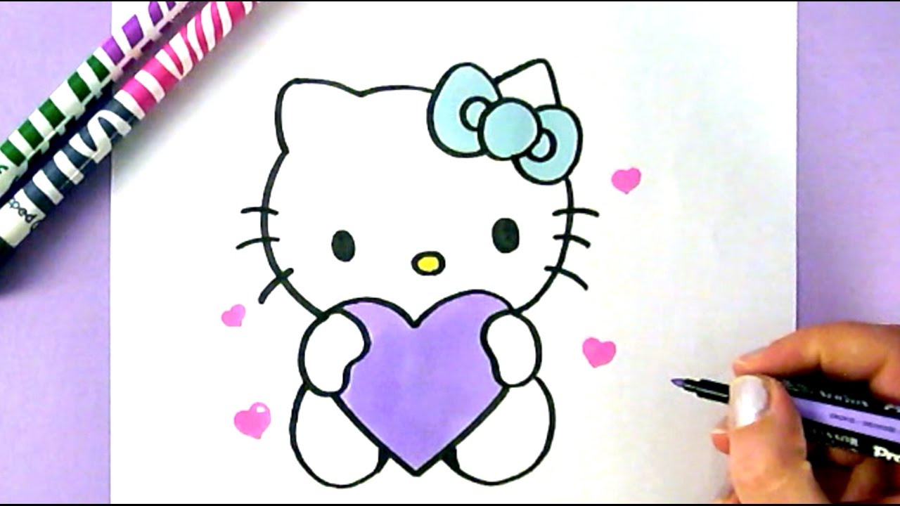 HOW TO DRAW HELLO KITTY WITH LOVE HEARTS | EASY DRAWING TUTORIAL ...