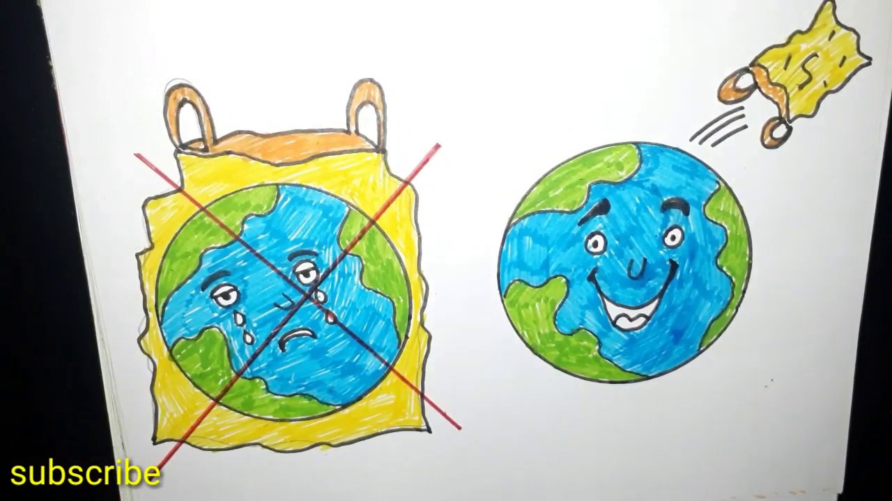 save the mother earth from plastic drawing, say no to plastic bags ...