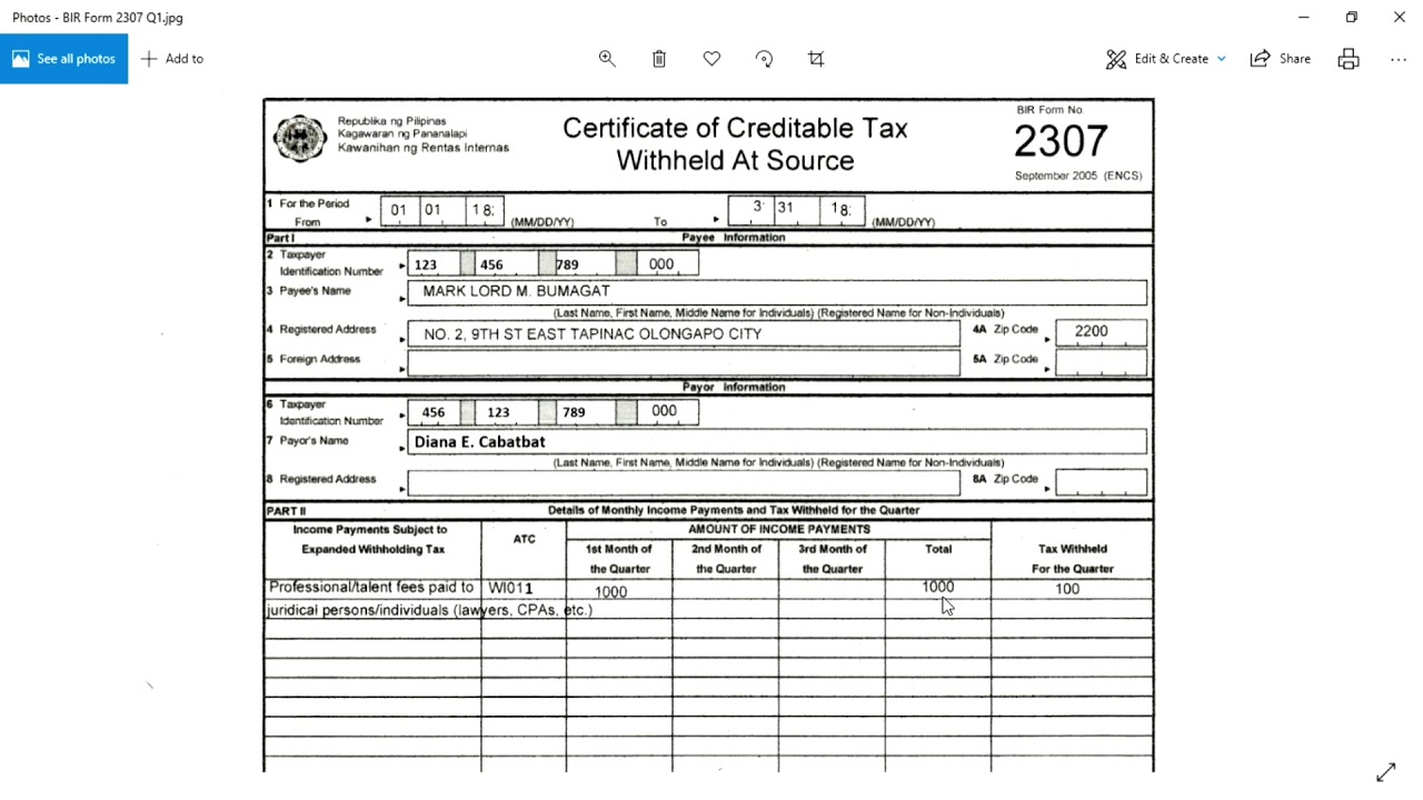 BIR Form 2307 Printable