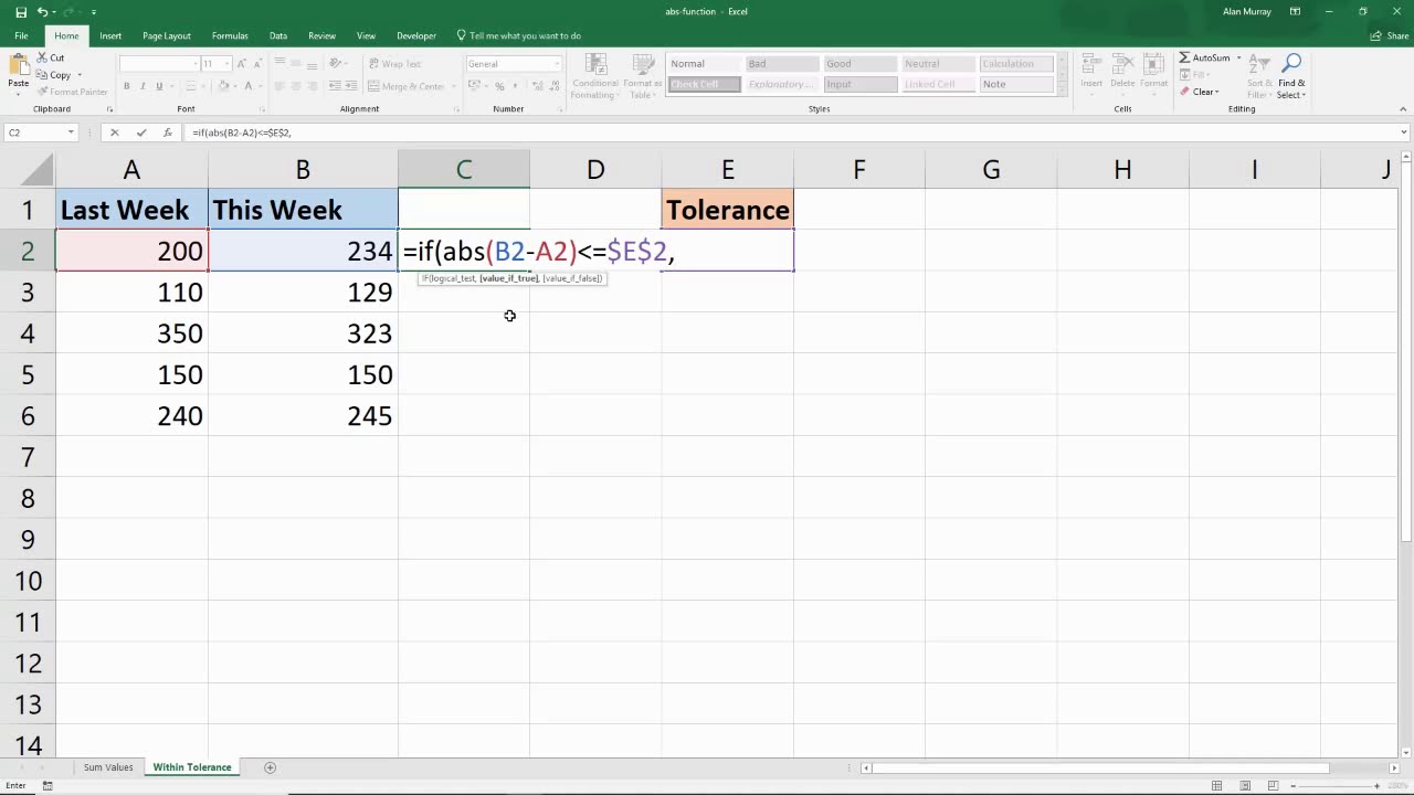 Absolute Value Function Excel