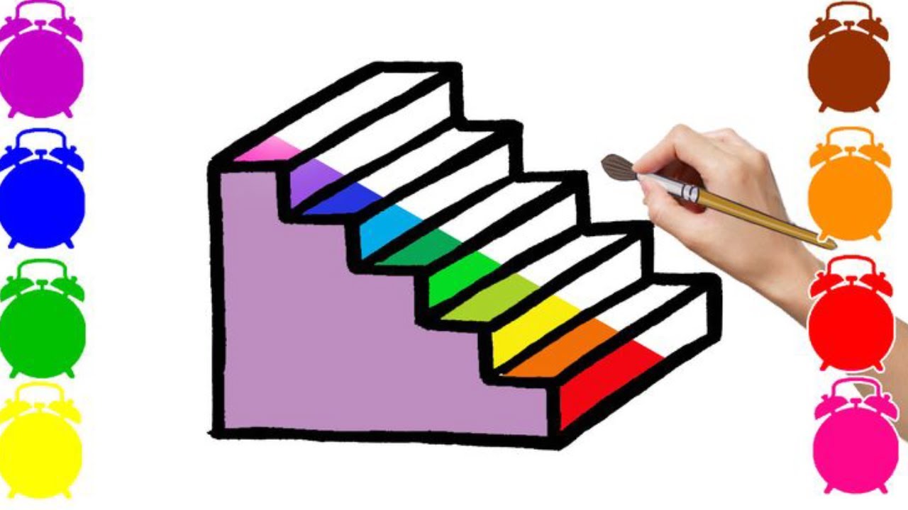 How to draw a 3D staircase | Drawing and coloring for kids | Rainbow ...