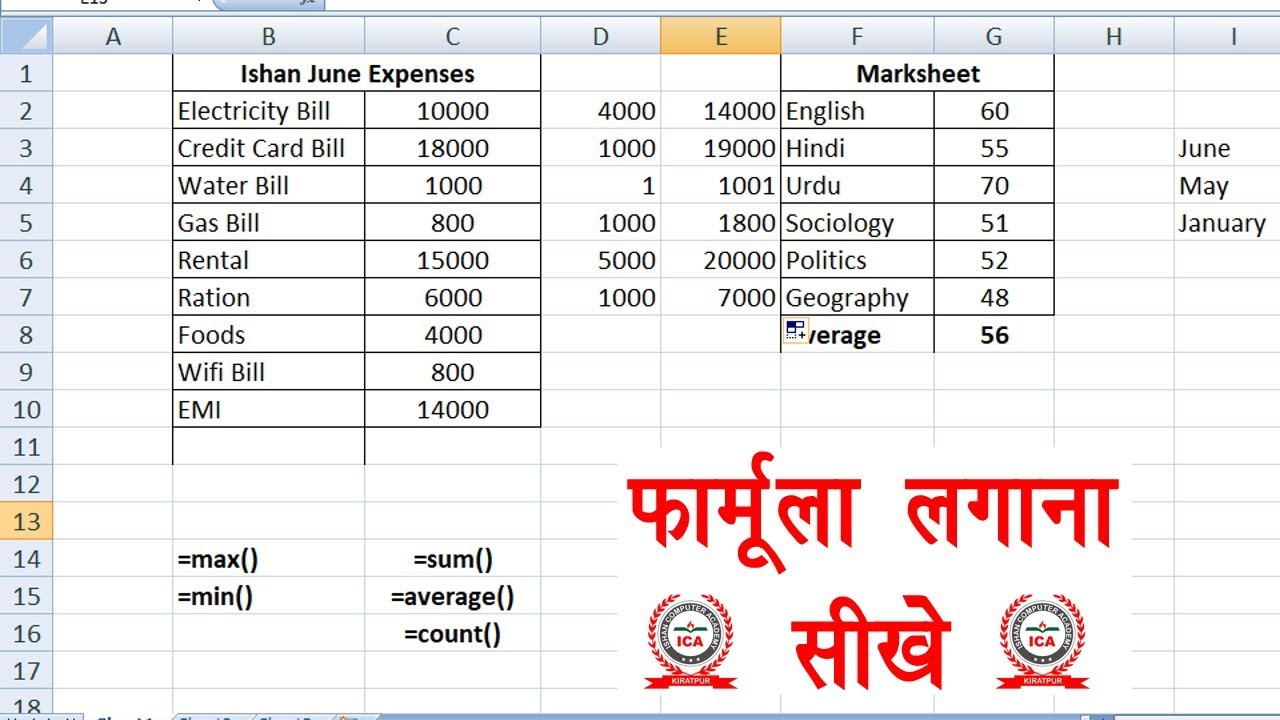 Formula of Sum Average Count Min Max in Excel - How to use formula in excel  in Hindi | Part-28 - YouTube