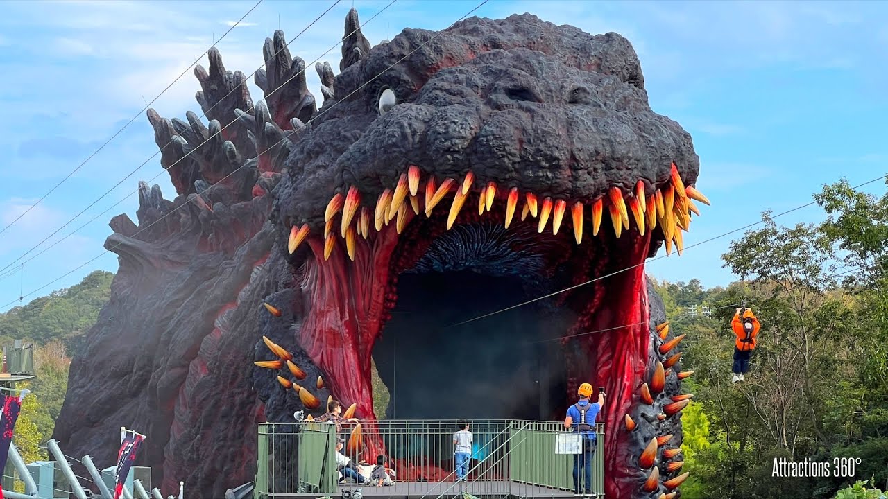 INSANE! Life-Sized Godzilla Attraction | Zip Line into a Godzilla's ...