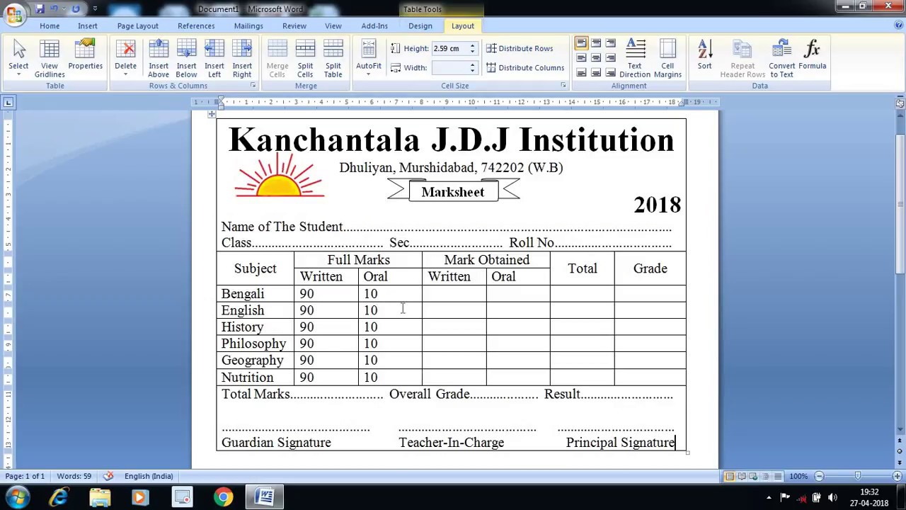 Marksheet Design In Ms Word How To Make Marksheet In Ms Word Youtube ...