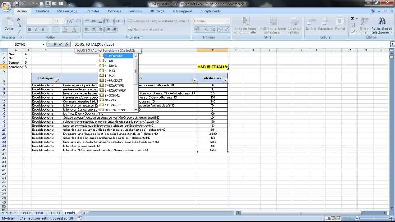 les sous-totaux sur Excel (fonction ) - Débutants - YouTube