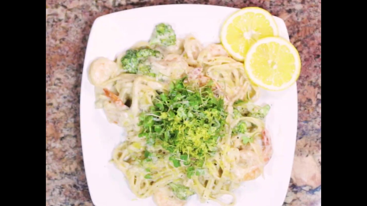 BrightFresh Microgreens Recipe – Micro Broccoli on Shrimp Fettuccine Alfredo