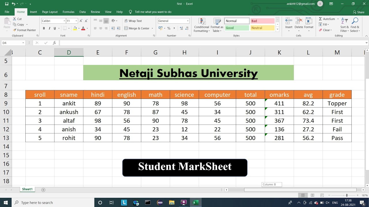 MS Excel:- Learn to Make Student Marksheet | Calculate Sum, Average ...