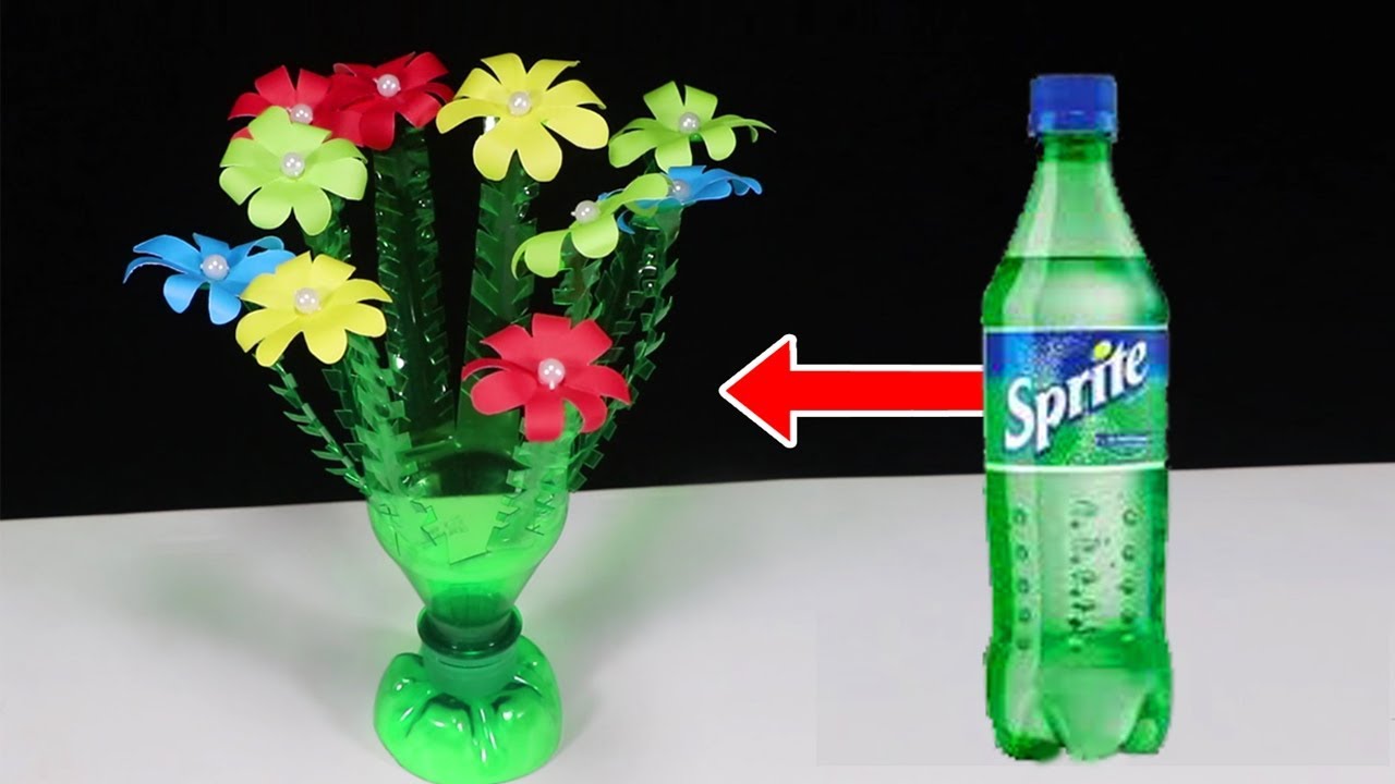 Empty Plastic Bottle Vase Making Craft, Water Bottle Recycle Flower Vase Art Decoration Idea ...