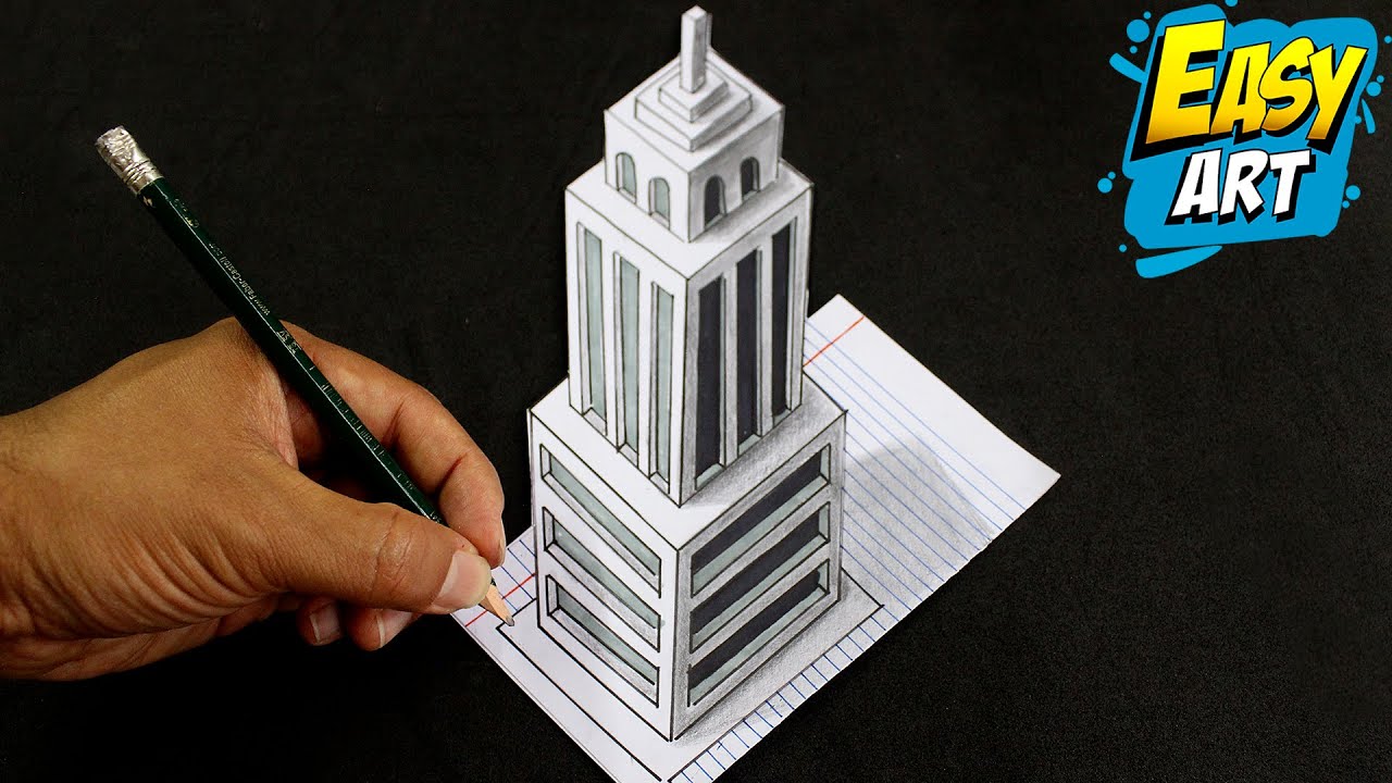 🔴🔵 Drawing 3D Skyscraper building on Line Paper - Como Dibujar un ...