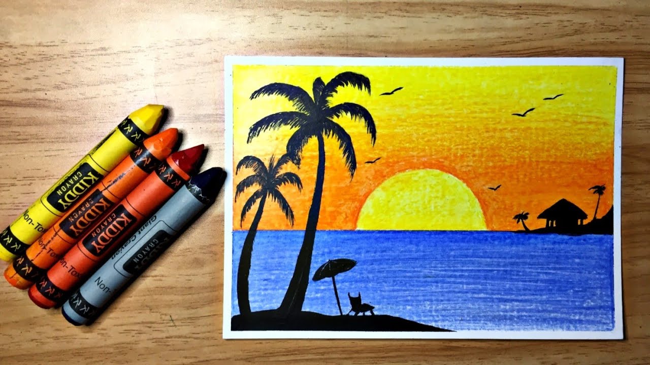 How To Draw Easy Beach Scenery Using Wax Crayons For Beginners Step By ...