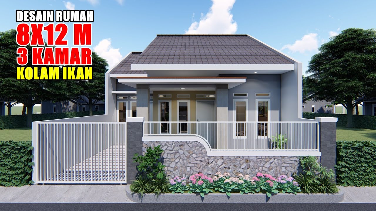 DESAIN RUMAH 8X12 M 3 KAMAR TIDUR ADA KOLAM IKANNYA - YouTube - Denah Rumah Ukuran 8x12 3 Kamar Tidur