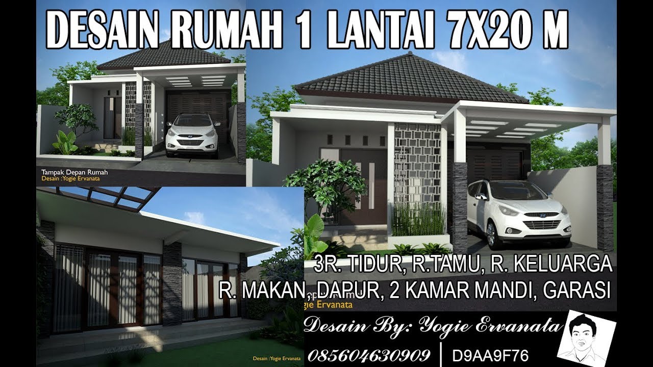 DESAIN RUMAH  7X20 M 3  KAMAR  TIDUR  DENGAN  TAMAN DI TENGAH 