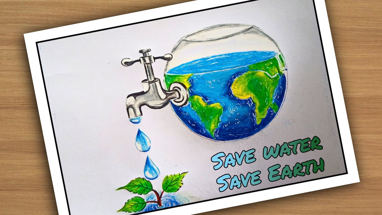 How to draw save water save earth drawing easily with oil pastel ...