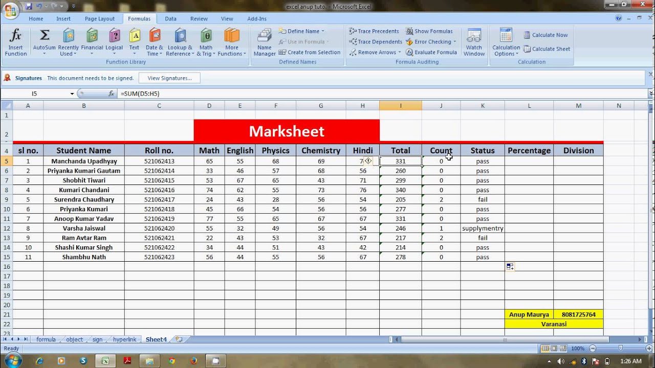 Excel Marksheet Sample