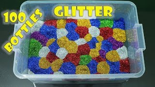 MIXING 100 BOTTLES OF GLITTER INTO GIANT CLEAR SLIME ,GALAXY SLIME  TUTORIAL