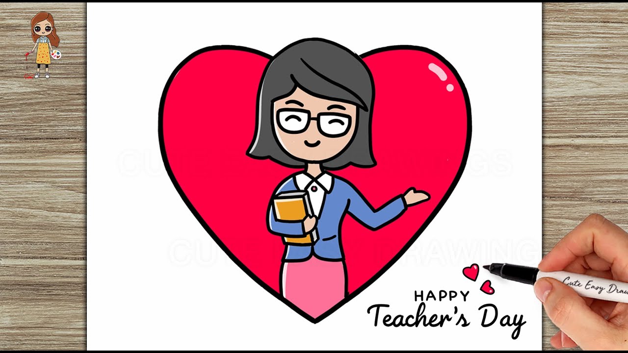 Draw Happy Teacher\'s Day Card Easy / Draw Cute Lady Teacher Easy ...