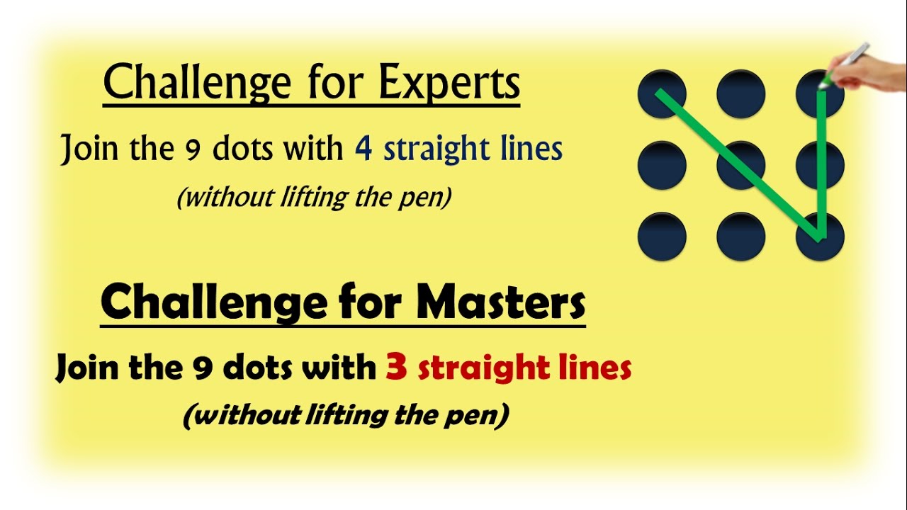 9 dots problem - Join with 4 lines (Experts) - Join with 3 lines (Masters)