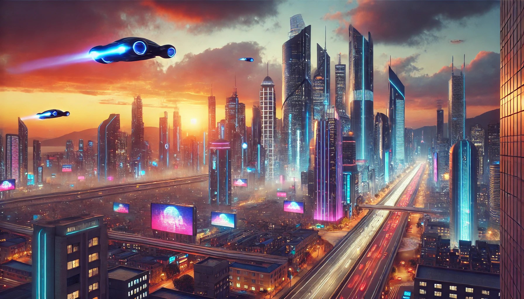 A vibrant futuristic cityscape at sunset, featuring glowing skyscrapers and flying cars against a dramatic orange and purple sky.