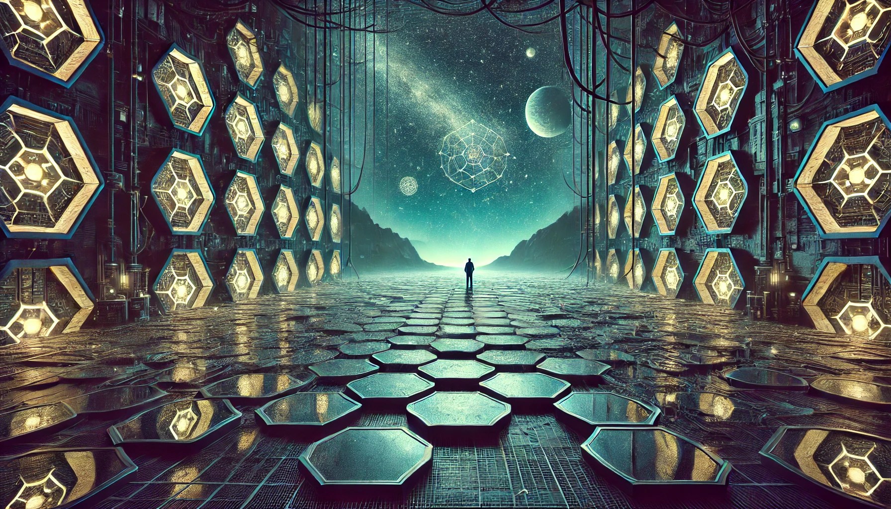 Illustration inspired by E.M. Forster's The Machine Stops, depicting a futuristic dystopian world with glowing hexagonal underground cells, a sprawling mechanical system, and a lone figure gazing at a starry sky through a cracked surface, symbolizing isolation and technological dependence.