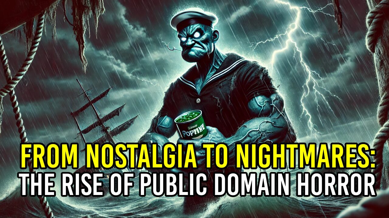 A visually striking depiction of Popeye reimagined as a dark, monstrous figure in a stormy sea. The image features exaggerated forearms with glowing veins, a sinister can of spinach in his hand, and a shadowed face with faint glowing eyes. The turbulent ocean and lightning-lit sky create an eerie, foreboding atmosphere that blends nostalgia with horror, perfectly complementing the theme of public domain characters turned into horror icons.