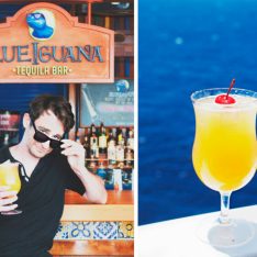 A traveler drinking cocktails at the Blue Iguana Bar on the Carnival Vista.