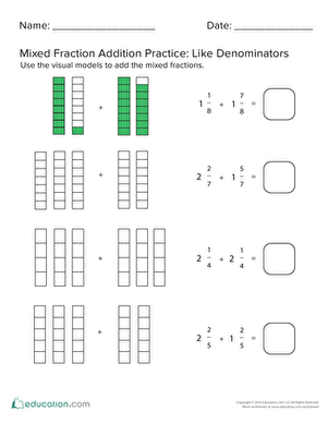 mixed fraction addition with like denominators 3 worksheet education com