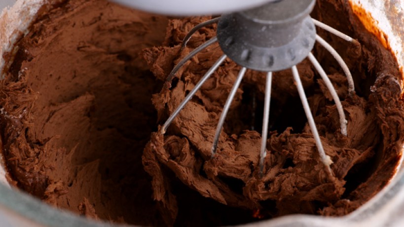 chocolate buttercream frosting in stand mixer