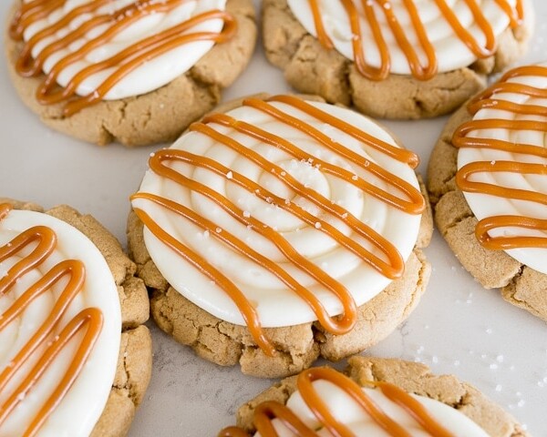 salted caramel cheeesecake cookies on the counter