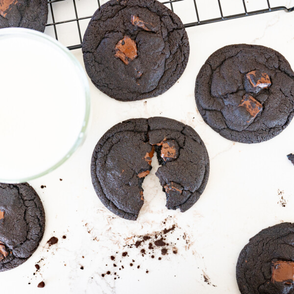 Double Chocolate chunk Insomnia cookie on the counter