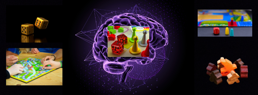 A CGI image of a brain surrounded by images of parts of a board game