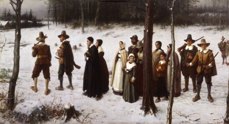 Mayflower passengers and pilgrims explore wintry Massachussetts