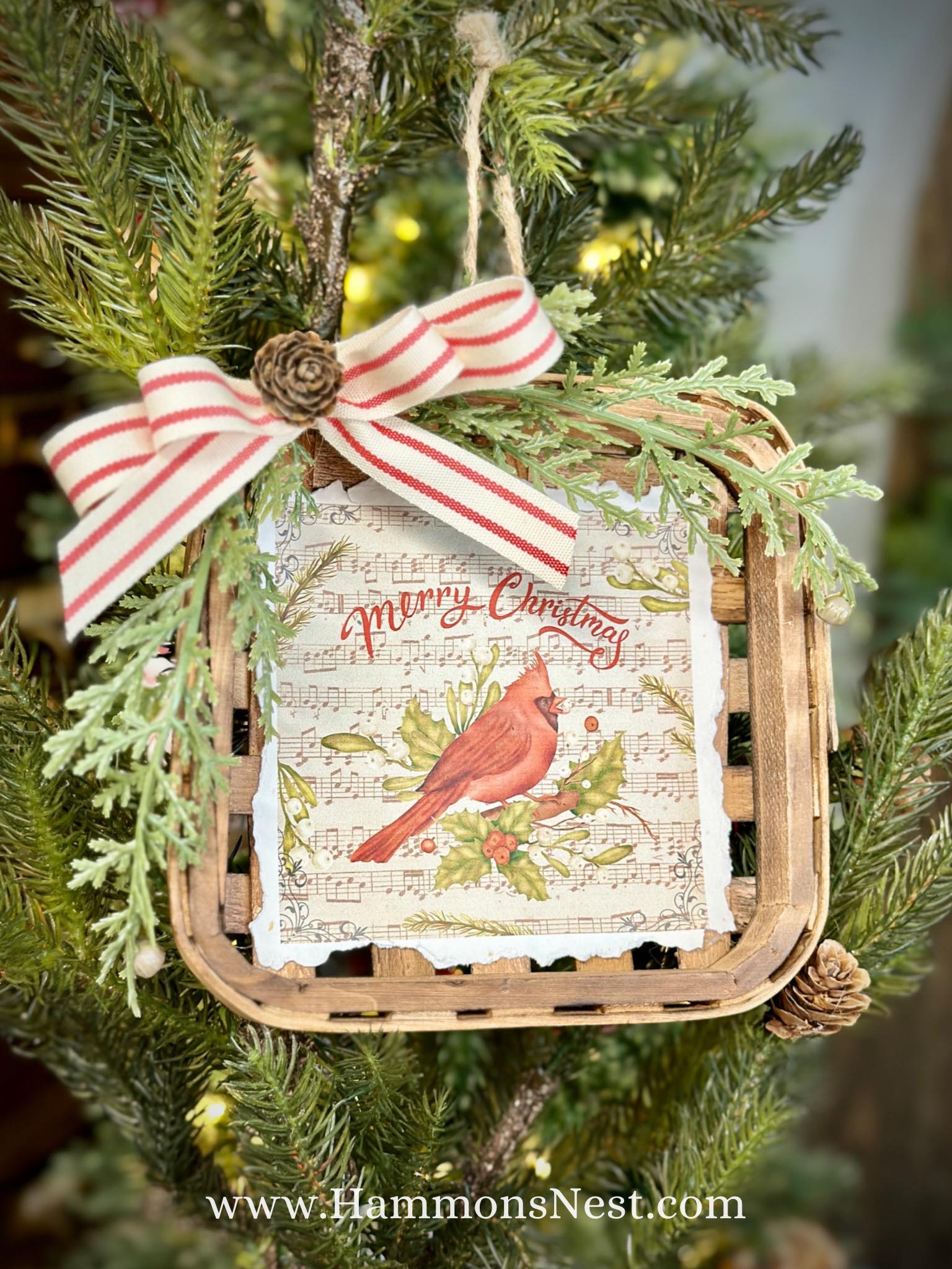 Mini Tobacco Basket Christmas Ornament with Free Cardinal Printable