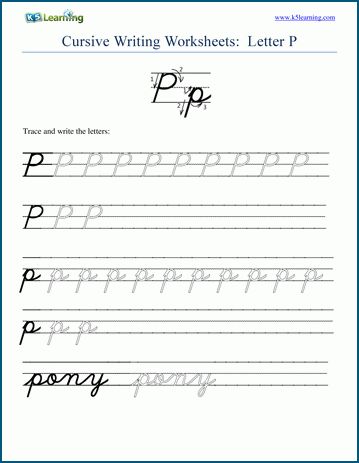 Our free, printable handwriting worksheets provide practice writing cursive letters, . Cursive writing: Letter P | K5 Learning in 2020 | Cursive ...