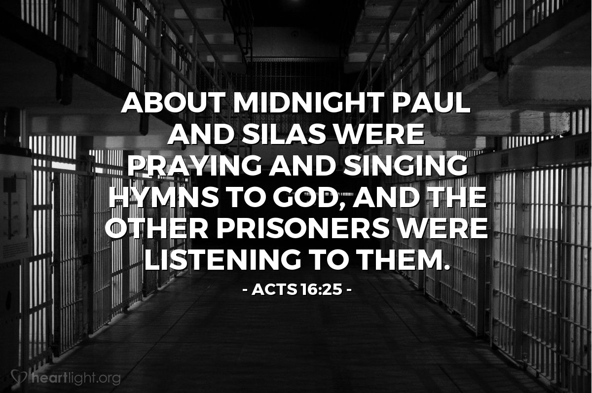 Illustration of Acts 16:25 — About midnight Paul and Silas were praying and singing hymns to God, and the other prisoners were listening to them.