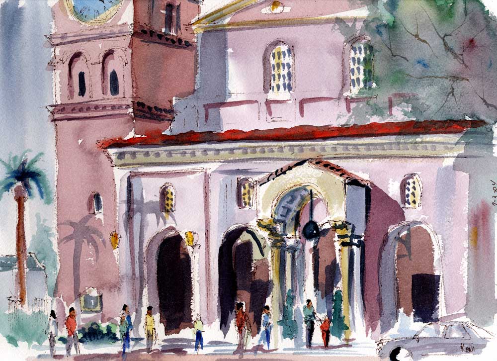 Watercolor painting of St. Andrews Church in Pasadena CA