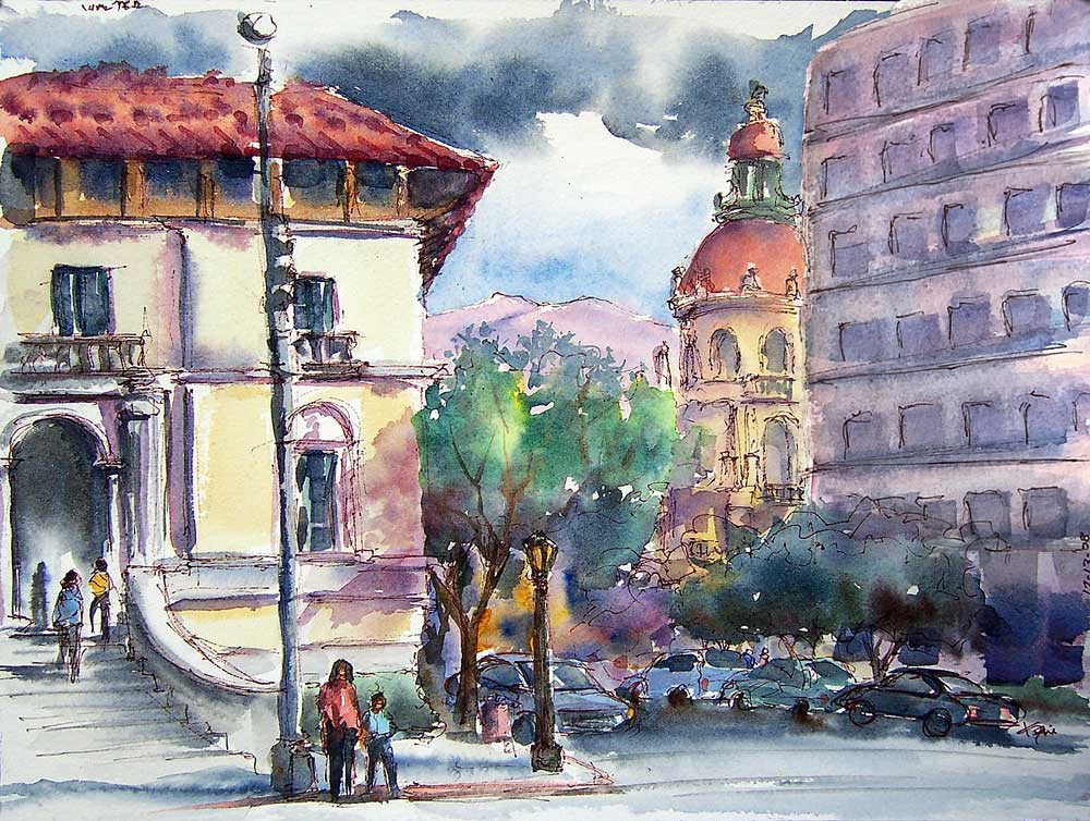 Watercolor painting of the Pasadena Post Office with Pasadena City Hall in the background.