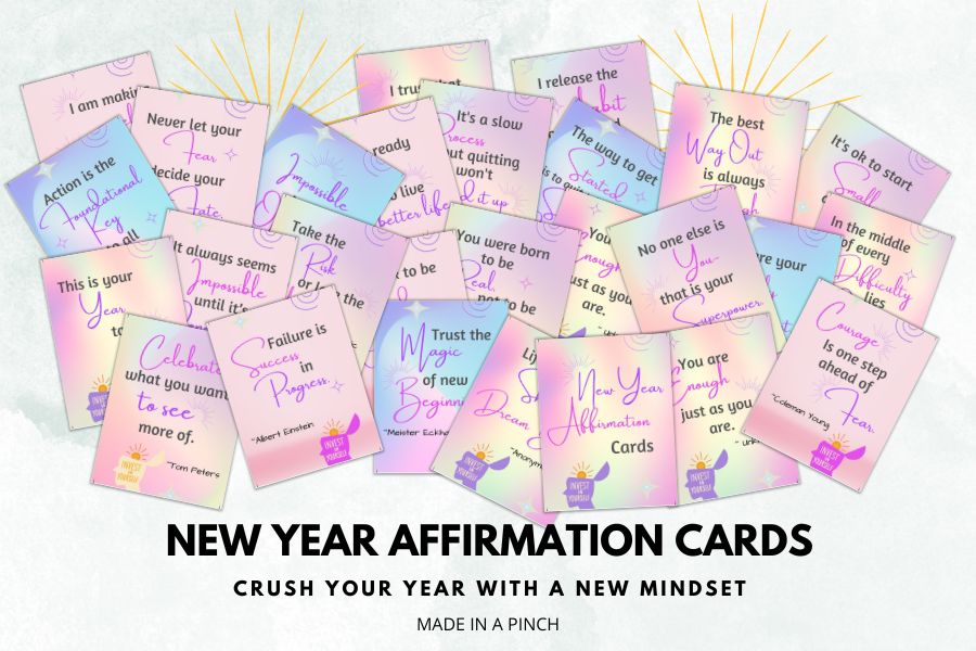 A collection of colorful New Year affirmation cards with motivational quotes like "Trust the magic of new beginnings" and "Failure is the opportunity to begin again." The background features a pastel theme with stars and sparkles.