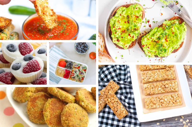 A collage of various snack foods: veggie sticks with dip, avocado toast, berry yogurt cups, a lunchbox with sliced veggies and a sandwich, vegetable patties, and granola bars on a checkered cloth.