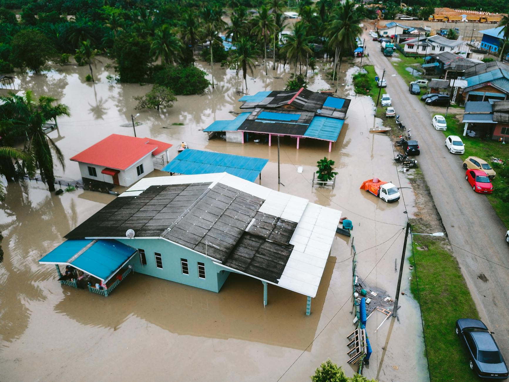 aerial view of flooded house