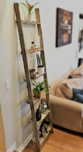 rustic distressed wall mounted ladder with shelves