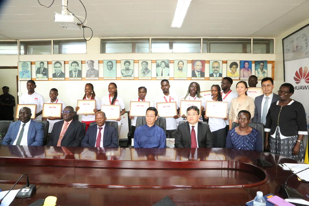 University students who emerged victorious at the the 2023/24 Huawei ICT Competition 2023/24 Global Final in Shenzhen, China pose for a group photo with officials from the Ministry of Education and Sports, and Huawei Technologies. Courtesy Photo